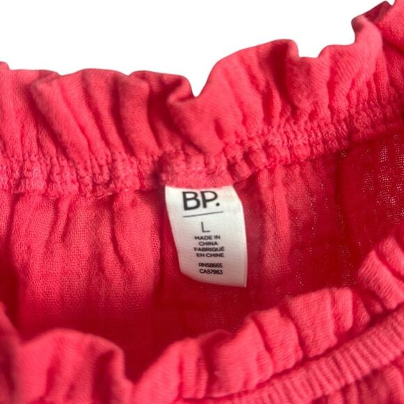 BP Pink Seersucker Off Shoulder Romper L Ruffle Trim Tie Waist Cotton - Picture 5 of 7